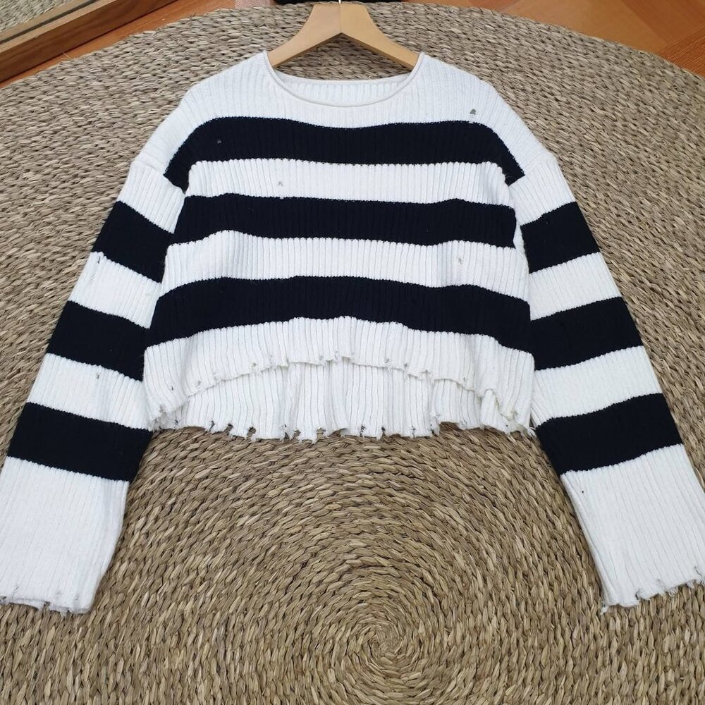 Navy Stripe Distressed Crop Knit Sweater
